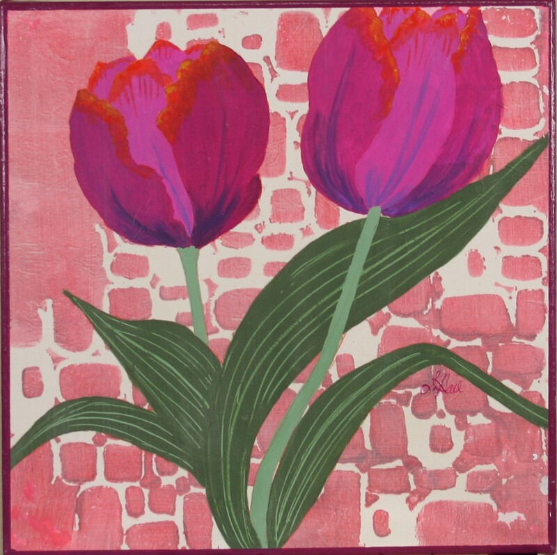 Two Tulips  12" x 12"  Acrylic & Collage on canvas   Price $195.